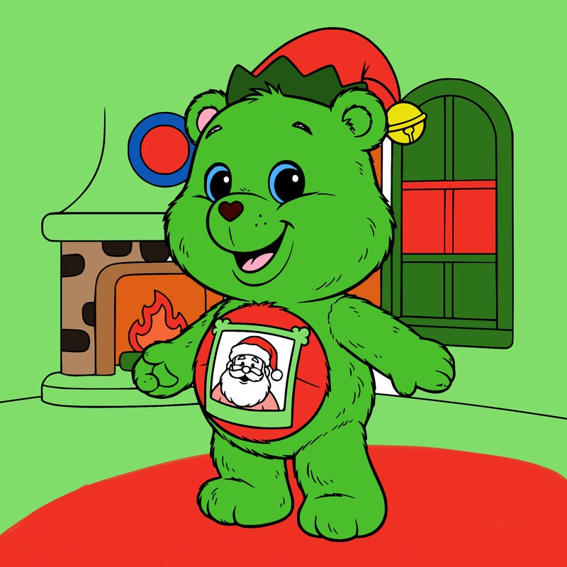 a carebear with a santa hat photo on it's belly and a elf hat on it's  head