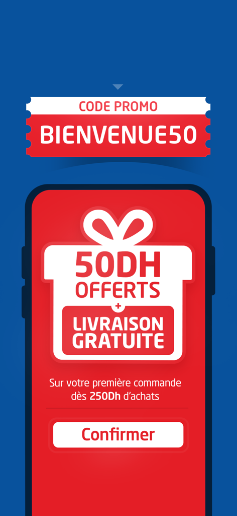 Bringo by Carrefour Maroc - Bringo app promotional screen offering 50DH discount and free delivery with promo code BIENVENUE50 for first orders over 250DH