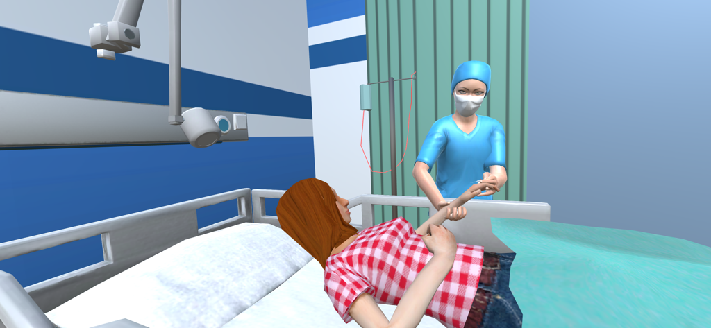 Real Doctor Hospital Game - A nurse in blue scrubs tending to a female patient in a hospital bed within the Real Doctor Hospital Game