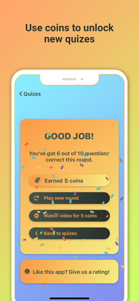 Anime Trivia - Pantalla de resultados de la aplicación Trivia de Anime que muestra una puntuación de 6 de 10 y opciones para ganar monedas.
