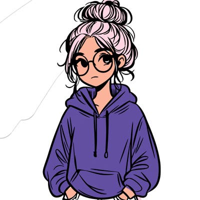 teen girl with a messy bun and glasses wearing a loose hoodie and jeans