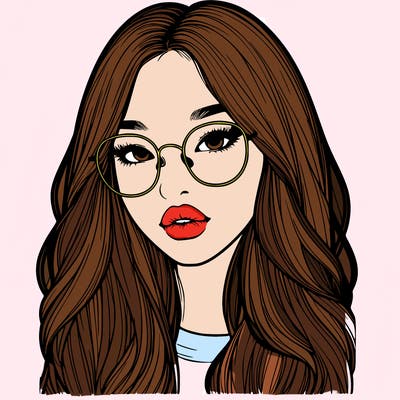 realistic korean girl with long hair, glasses and big lips