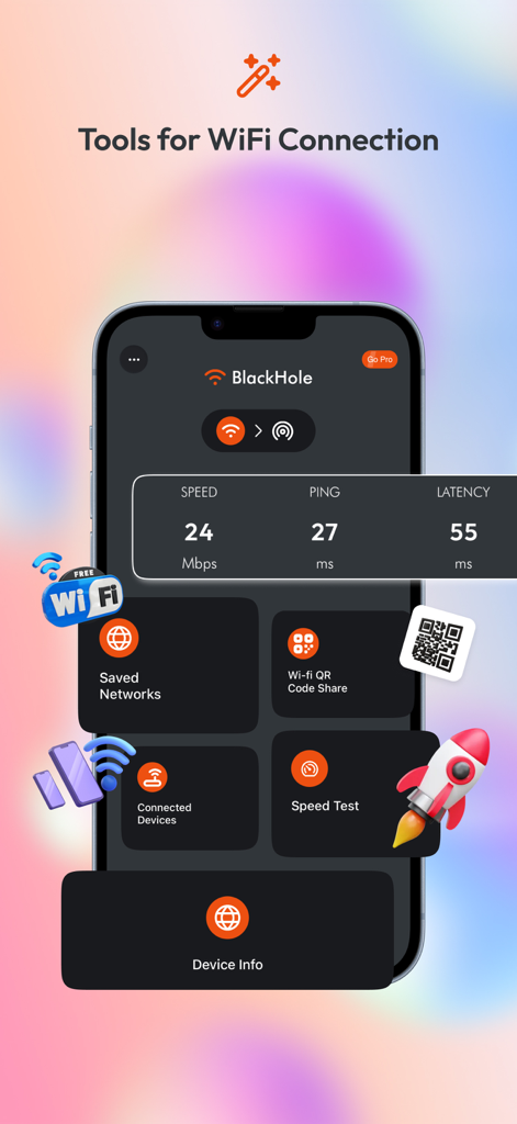 WifiLink: Share WiFi - Panel de la aplicación WifiLink que muestra herramientas para pruebas de velocidad y para compartir códigos QR encriptados.