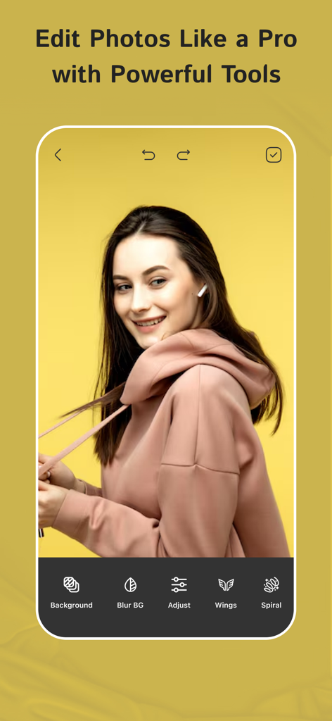 PixelLab: AI Photo Editor - PixelLab app interface showing a young woman editing a portrait with tools like background blur and wings
