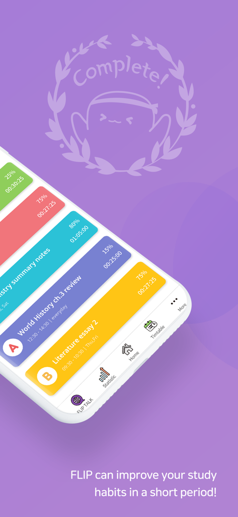 Interface of FLIP app showing colorful study goal progress bars and a completion badge