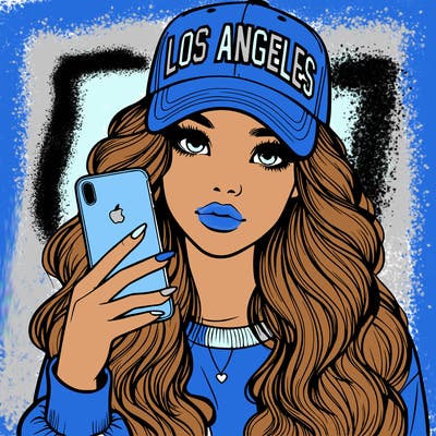realistic beautiful girl wearing los ángeles cap holding an iphone