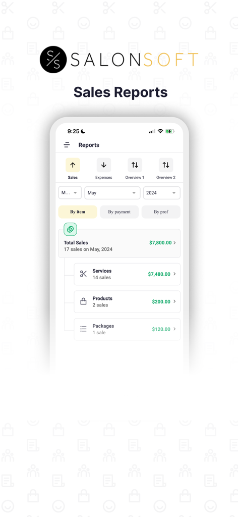 Sales reports dashboard in the Salon Soft app showing total sales breakdown by services products and packages