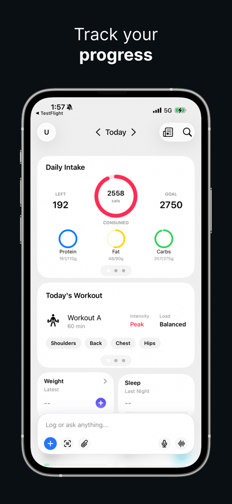 A minimalist mobile dashboard showing daily calorie intake, macronutrient circles, and a scheduled strength training workout.