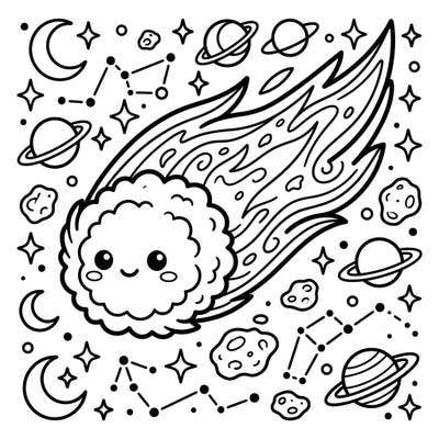 Journey through the stars with this delightful Kawaii Halley's Comet coloring page. This adorable celestial scene is packed with cute planets, twinkling stars, and a friendly comet ready for your creative touch.