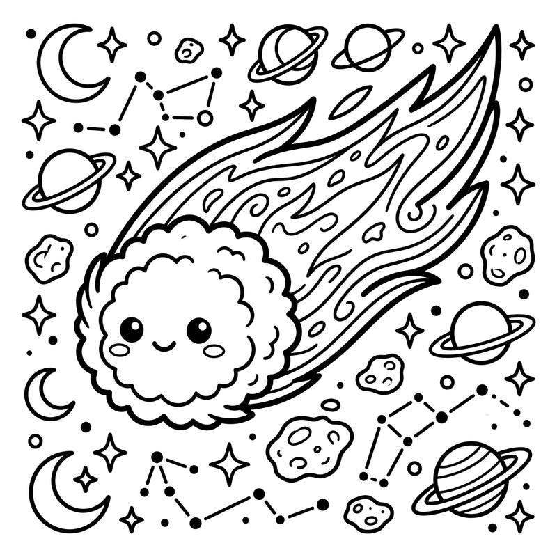 Journey through the stars with this delightful Kawaii Halley's Comet coloring page. This adorable celestial scene is packed with cute planets, twinkling stars, and a friendly comet ready for your creative touch.