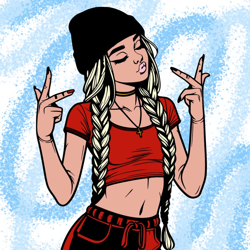 realistic teenage girl with braids and a beanie and crop top doing 🫶🏼