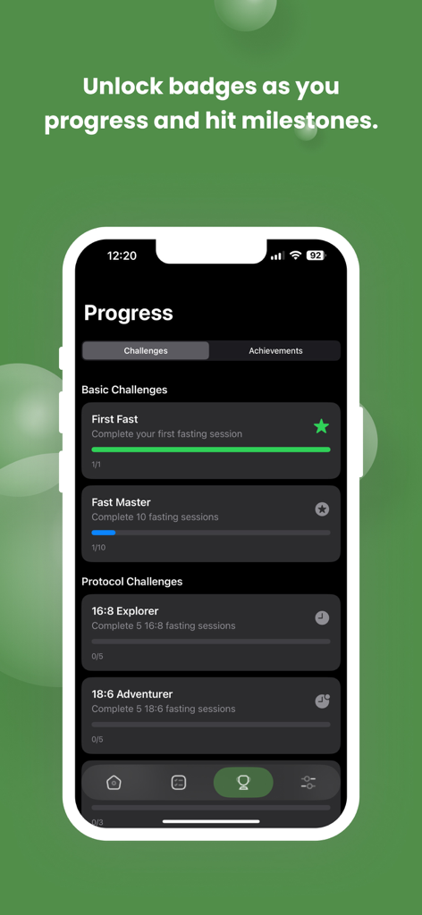 Fasting Magical: Fast Tracker - A mobile phone screen showing the Fasting Magical app progress page with various fasting challenges and milestone goals