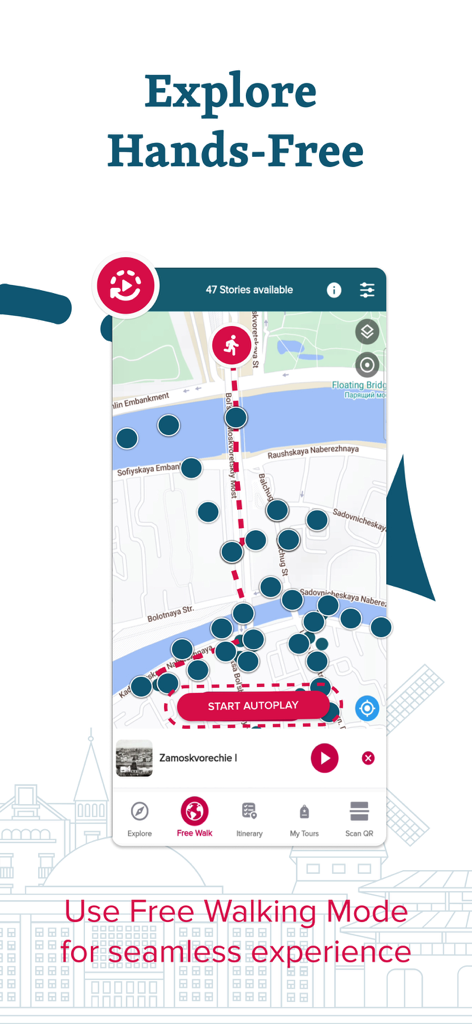 Captura de pantalla de la aplicación izi.TRAVEL que muestra el mapa del Modo de Caminata Libre con múltiples puntos de historias de audio y un botón de inicio de reproducción automática para la exploración de la ciudad manos libres