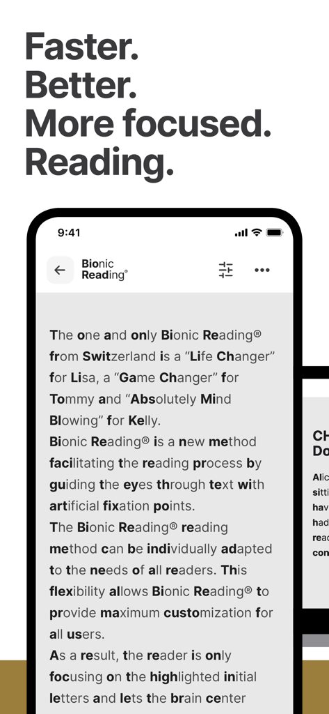 Bionic Reading® - Bionic Reading app interface showing text with bolded initial letters to enhance reading focus and speed