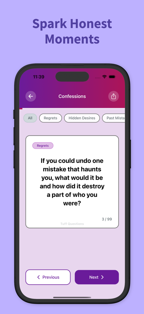 Tuff Questions - Couple Game - Una pantalla móvil de la aplicación Tuff Questions que muestra una tarjeta de pregunta profunda del mazo 'Confesiones'.