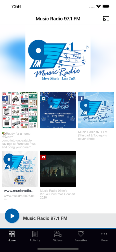 Tela inicial do aplicativo Music Radio 97.1 FM com o logotipo da estação e feed de atividade de mídia social