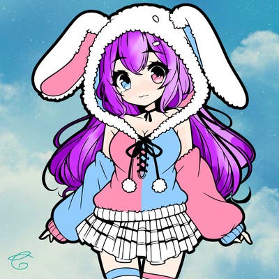 pretty anime girl wearing a fluffy hoodie with bunny ears on the hood and a skirt