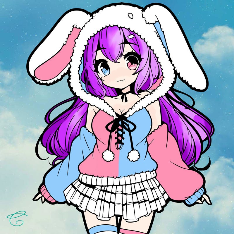 pretty anime girl wearing a fluffy hoodie with bunny ears on the hood and a skirt