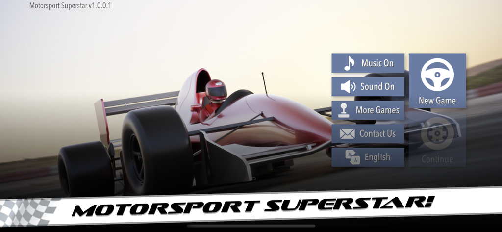 Motorsport Superstar - Motorsport Superstar game main menu featuring a red formula racing car and a new game button