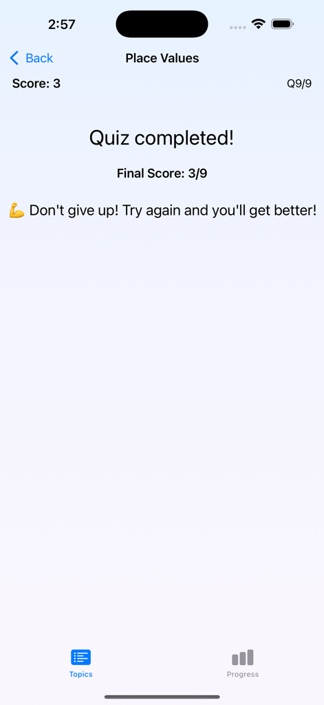 Grade 7 Math & Science - Grade 7 math quiz completion screen showing score and motivational feedback