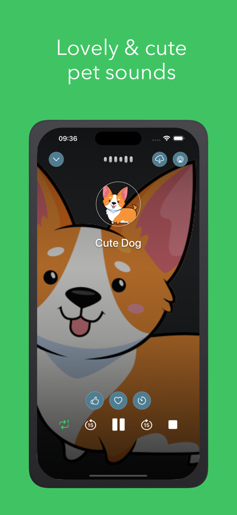 Magic Sound Pro app interface showing a cute corgi sound profile with playback controls