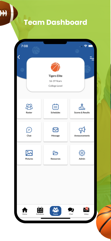 Interface de l'application mobile SportsPlus montrant un tableau de bord d'équipe avec des icônes pour les horaires des listes de matchs et la communication pour une équipe de basketball