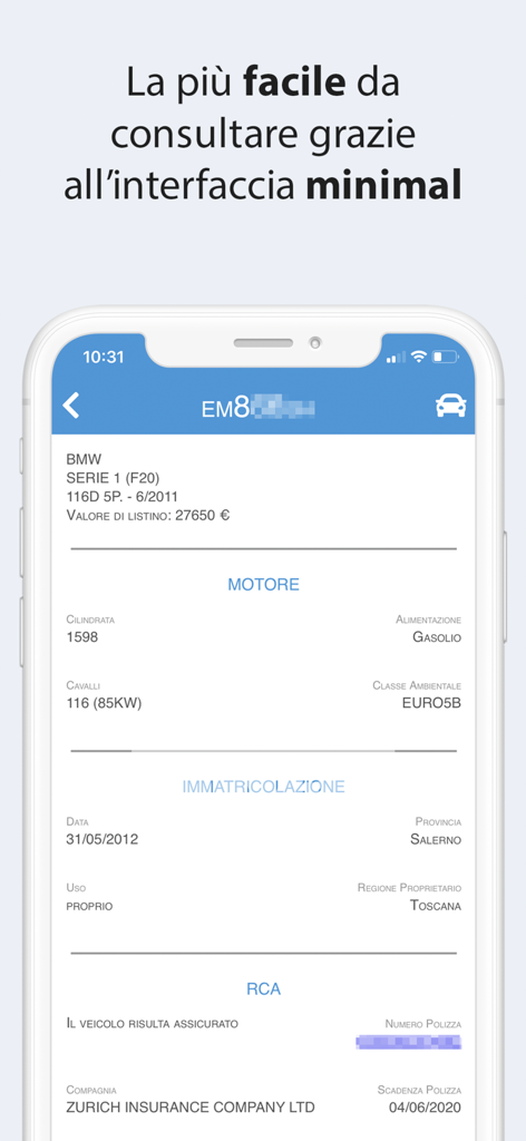 Screenshot of the Targa Scan app displaying detailed vehicle information including engine specs and insurance status
