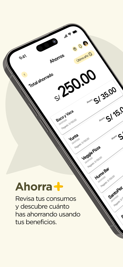 Club El Comercio - Pantalla móvil mostrando la función de ahorros de la aplicación Club El Comercio con el monto total ahorrado y el historial de descuentos