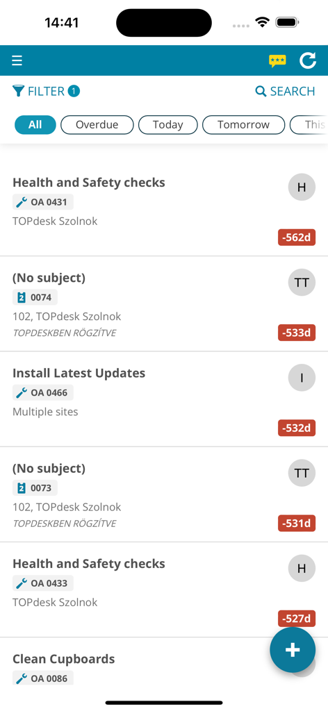 Elenco di attività e ticket di servizio scaduti sull'interfaccia dell'applicazione mobile TOPdesk