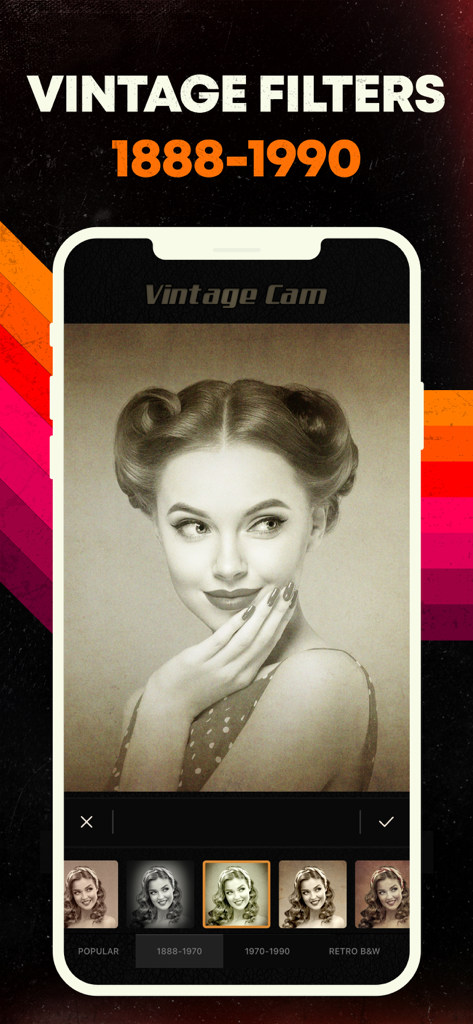 A mobile app interface showing a portrait of a woman with a vintage sepia filter applied