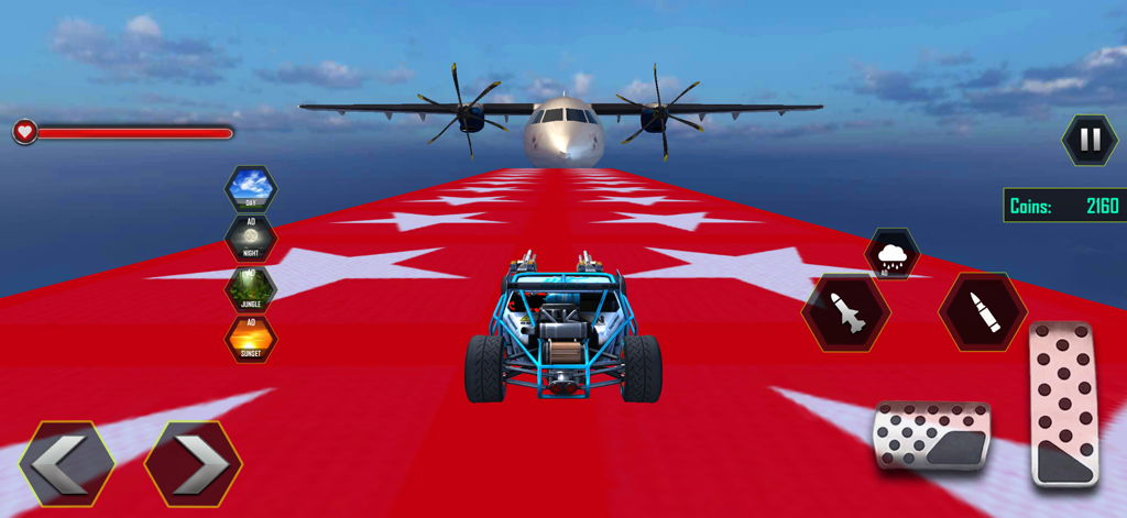 Flying Plane Robot Fighting 3D - Un buggy azul conduciendo sobre una rampa roja con estrellas blancas hacia un gran avión de carga