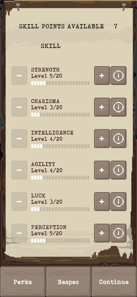 The Wanderer: Post-Nuclear RPG - A character skill upgrade screen in The Wanderer Post Nuclear RPG displaying attribute levels and available skill points