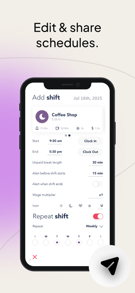 WorkTime: Shift Work Calendar - Tela de smartphone mostrando a interface do aplicativo WorkTime para editar e compartilhar turnos de trabalho.