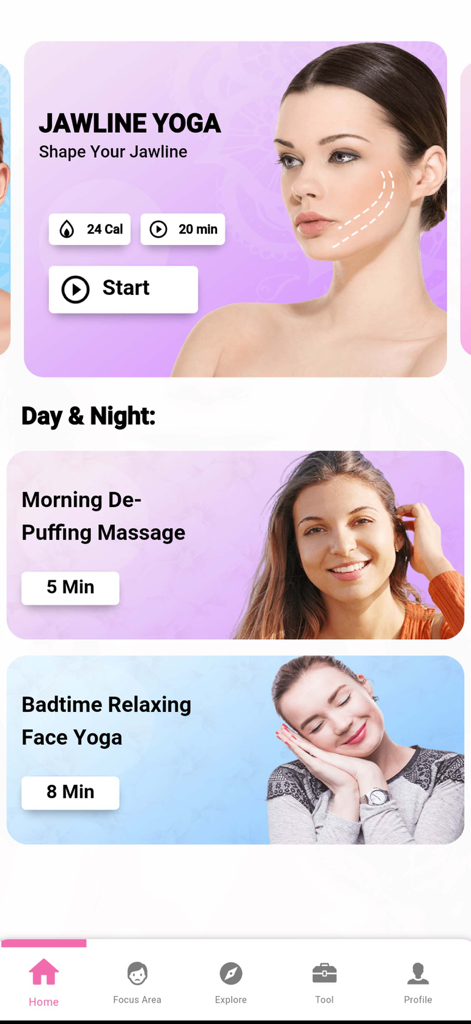 Interface of Jawline Exercises and Face Yoga app showing morning de-puffing and bedtime routines