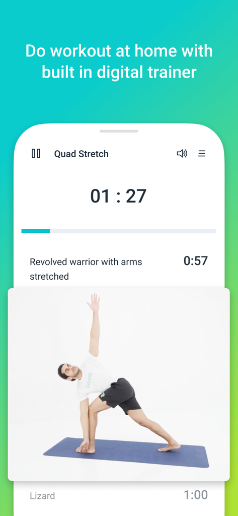 Rovo app digital trainer interface showing a yoga workout routine with a timer and exercise video