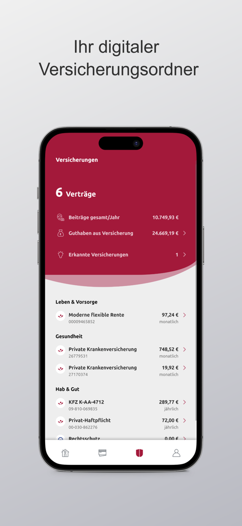 fin4u - Interface do aplicativo fin4u mostrando a pasta de seguros digital com um resumo de seis contratos, incluindo vida, saúde e seguro de propriedade