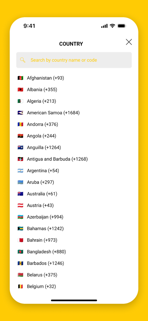MaxOil App-Oberfläche mit einer durchsuchbaren Liste von Ländern mit Flaggen und internationalen Vorwahlen für die Kontoerstellung