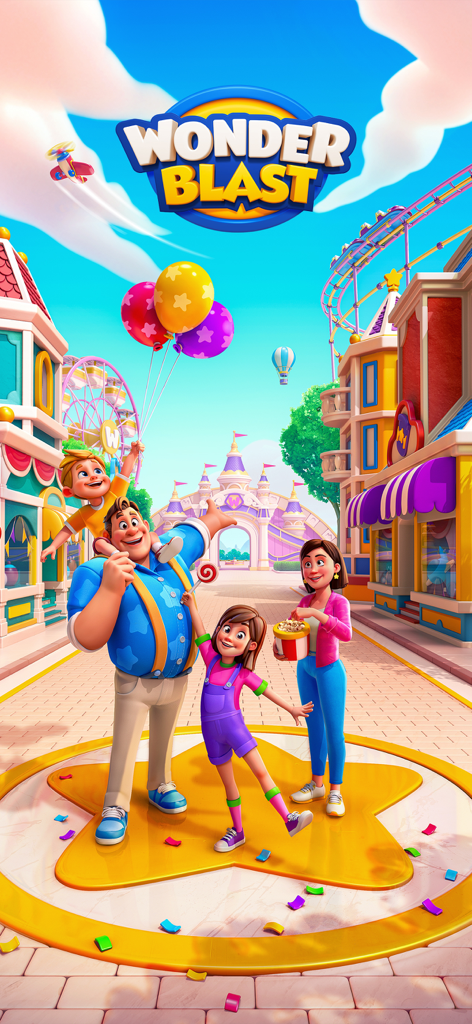 Wonder Blast - A cartoon family standing in a colorful theme park under the Wonder Blast game logo.