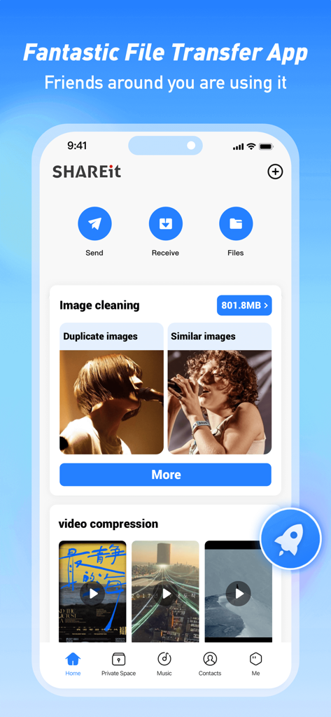 SHAREit mobile app home screen showing file transfer buttons image cleaning and video compression features