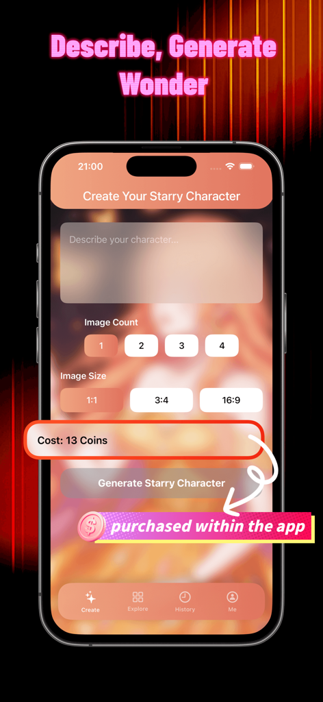 Fobb - Fobb app interface for generating starry character illustrations with AI using text prompts and image settings