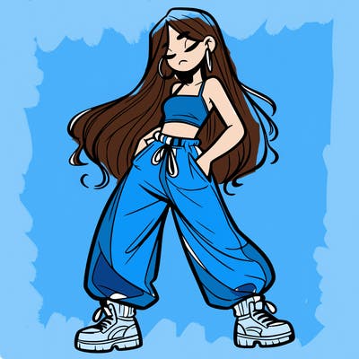 girl in baggy pants crop top and long hair