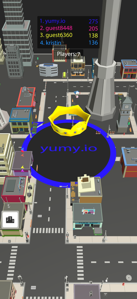 yumy.io - Black Hole Games - Un gran agujero negro con una corona dorada en un entorno de ciudad 3D con una tabla de clasificación mostrada