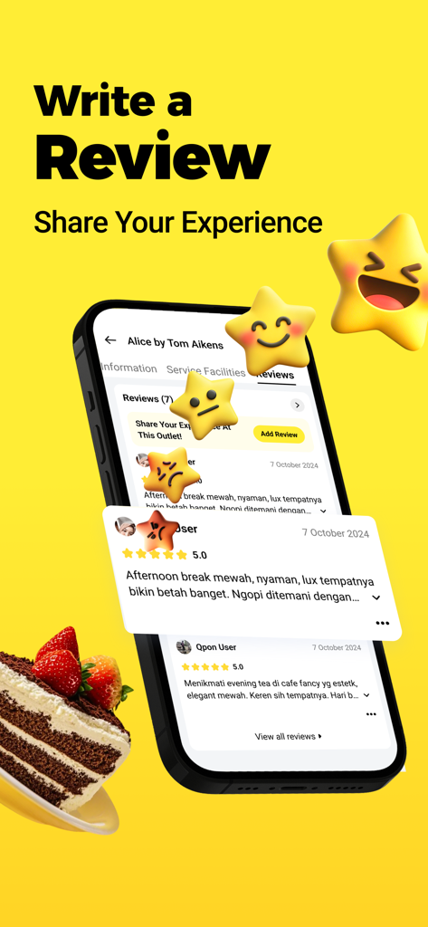 Un smartphone que muestra reseñas de usuarios en la aplicación Qpon con calificaciones de estrellas y una rebanada de pastel sobre un fondo amarillo.