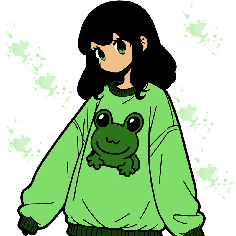 girl wearing frogging sweatshirt