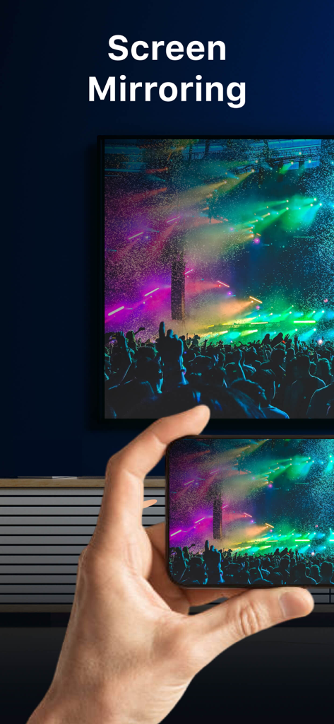 Screen Mirroring &‎ TV Cast - La pantalla de un smartphone duplicada en un televisor grande que muestra una vibrante escena de concierto.