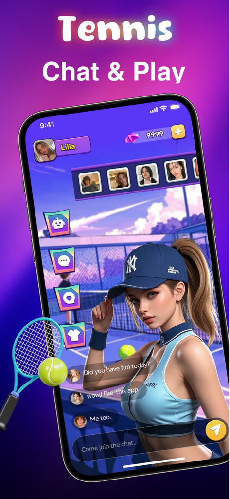Interfaccia dell'app Ncey che mostra una scena di chat virtuale di tennis con una donna in abbigliamento da tennis e funzionalità di social networking.