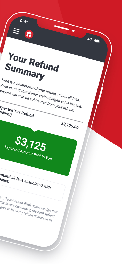 TaxSlayer: File your taxes - TaxSlayer app interface showing a tax refund summary of 3125 dollars on a smartphone screen