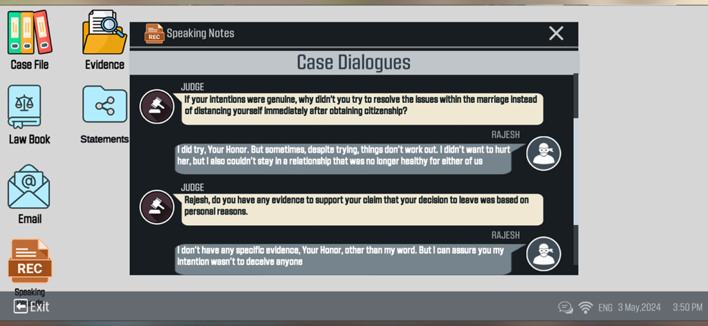Judge Simulator Justices & Law - A screenshot showing the Case Dialogues interface in Judge Simulator with a conversation between a judge and a defendant named Rajesh.
