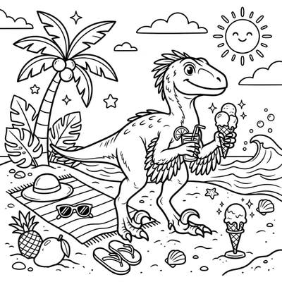 Get ready for a prehistoric beach party with this fantastic Deinonychus summer coloring page! Kids will love bringing vibrant colors to this friendly dinosaur enjoying ice cream and sunny seaside adventures.