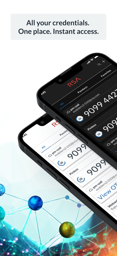 RSA Authenticator (SecurID) - Interfaccia dell'app RSA Authenticator che mostra credenziali di sicurezza e codici OTP su due iPhone
